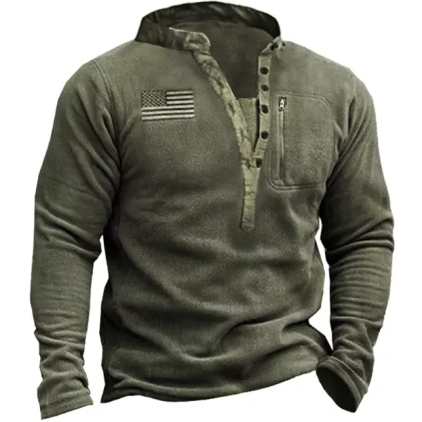 Mens Outdoor Henley Collar American Flag Printed Tactical Fleece Sweatshirt