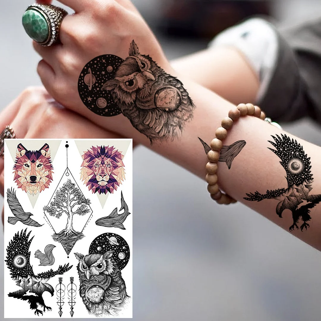 Realistic Fake Black Animal Temporary Tattoos Sticker For Men Women Geometric Wolf Outer Space Tatoo Temporary Decal For Kids