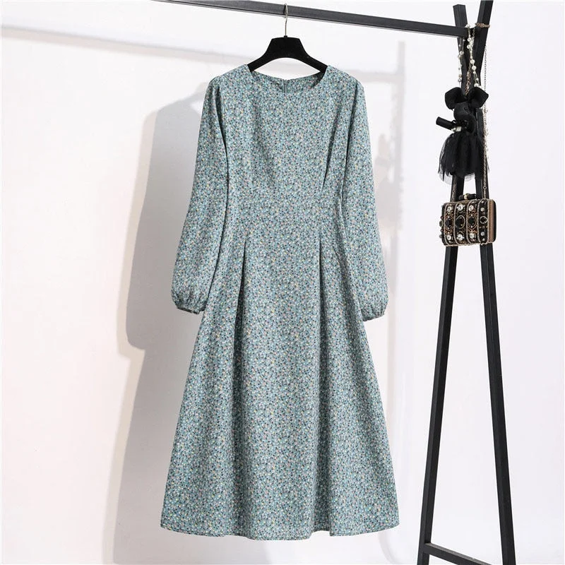 Autumn Winter Women Dress 2022 Vintage Lantern Sleeve Floral Print Chiffon Long Dress Casual A-line Elegant Party Vestidos Robe