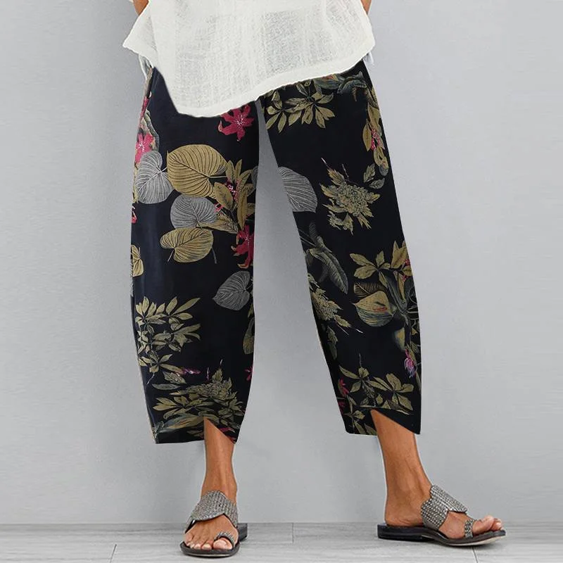 ZANZEA Vintage Floral Printed Pants Summer Women Cotton Linen Trousers Harem Pants Elastic Waist Loose Pantalon Pant