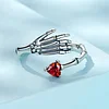Horror Skull Wrap Ring  with Scarlet Zirconia Heart 925 Sterling Silver 