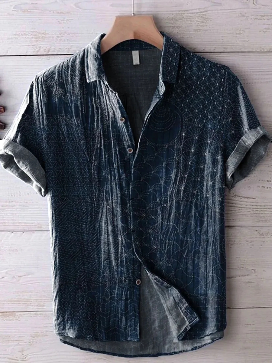Japanese Traditional Sashiko Art Vintage Print Casual 100% Cotton Shirt