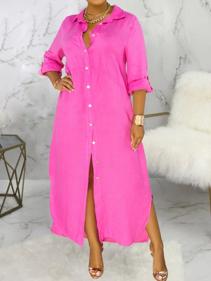 Women's Cotton Linen Solid Color Long Sleeve Shirt Dress