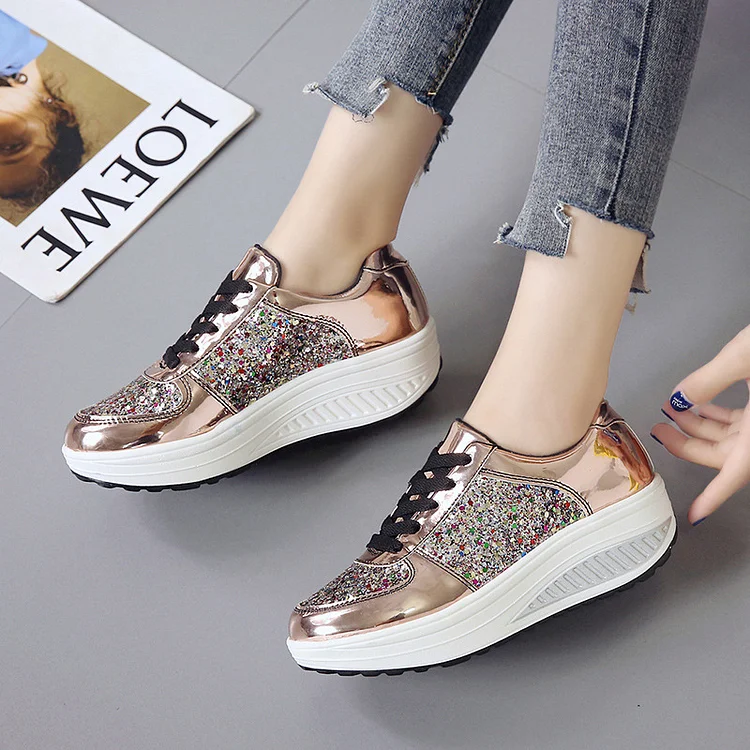 Rhinestone Sequins Glitter Shiny Bling Crystal Platform Slip On Lace Up Ultra Soft Shoes For Women  Stunahome.com