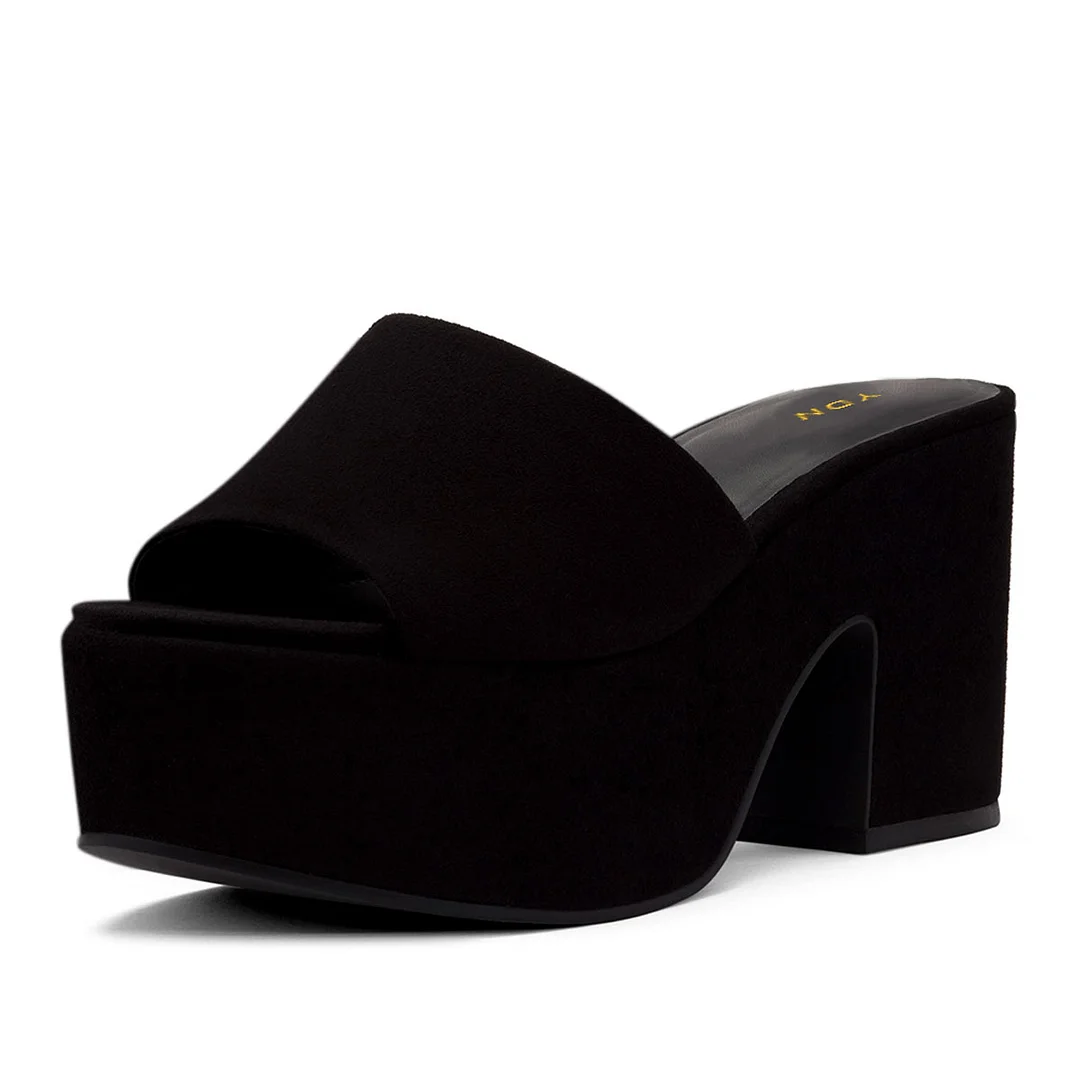 YDN Simple Black Vegan Suede Open Toe Platform Chunky Heeled Mules