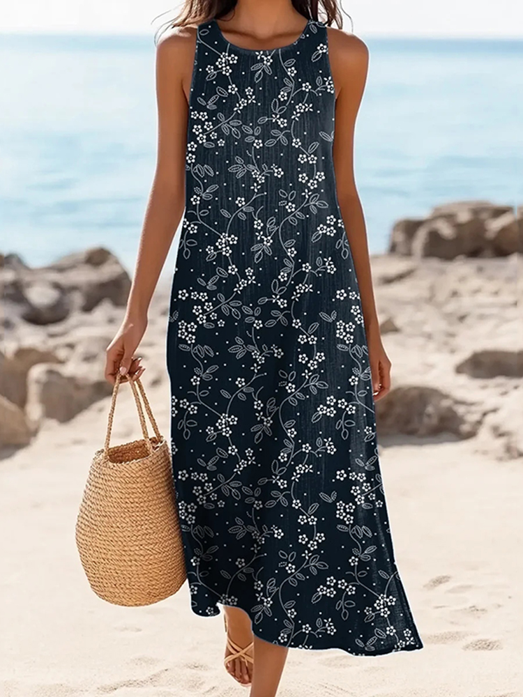 Comstylish Women's Vintage Floral Print Linen Blend Loose Tank Midi Dress