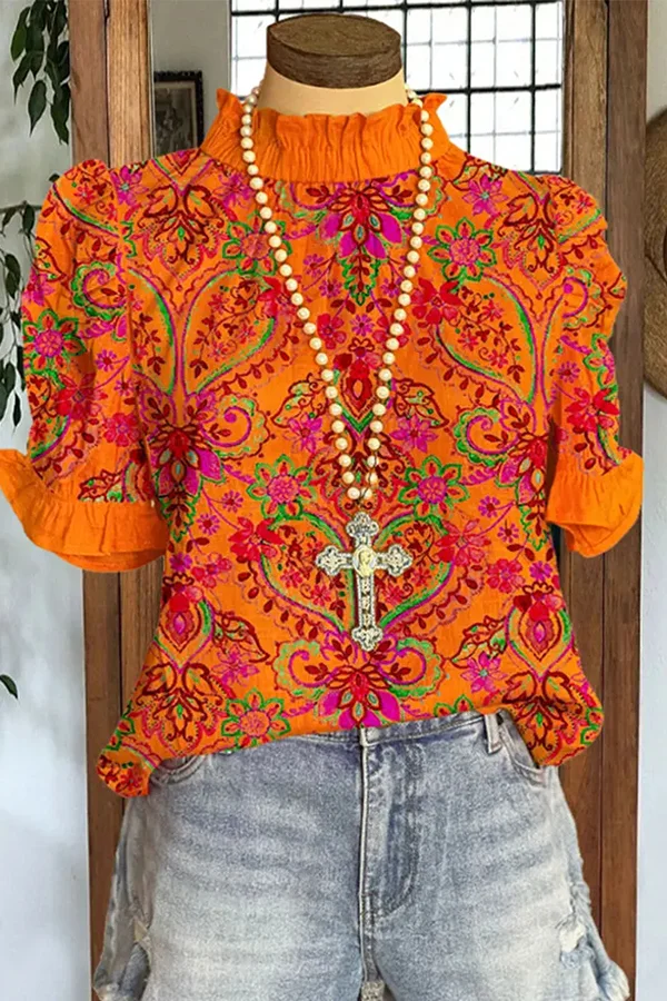 Vintage Floral Print Puff Sleeve Ruffle Neck Top