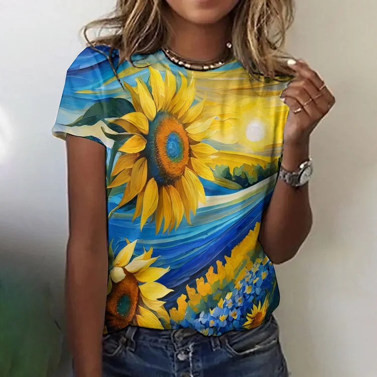 VChics Women's Stand With Ukraine Sunflower Crew Neck T-shirt