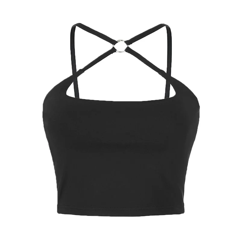 Sweetown Black Solid Cut Out Crop Top Female Slim Sexy Rave Party Clubwear Cross Choker Summer Tops For Women Casual Sweats Tees