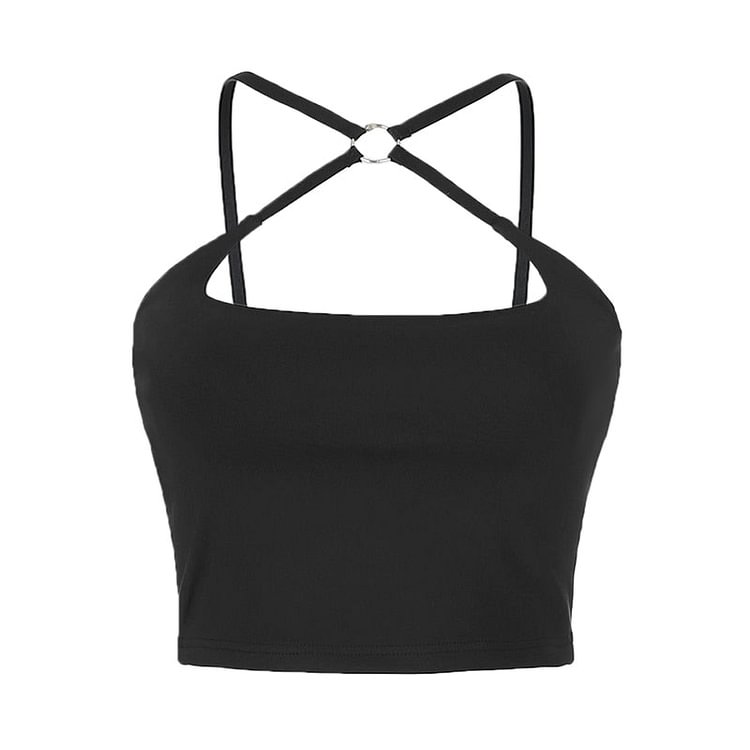 Sweetown Black Solid Cut Out Crop Top Female Slim Sexy Rave Party Clubwear Cross Choker Summer Tops For Women Casual Sweats Tees