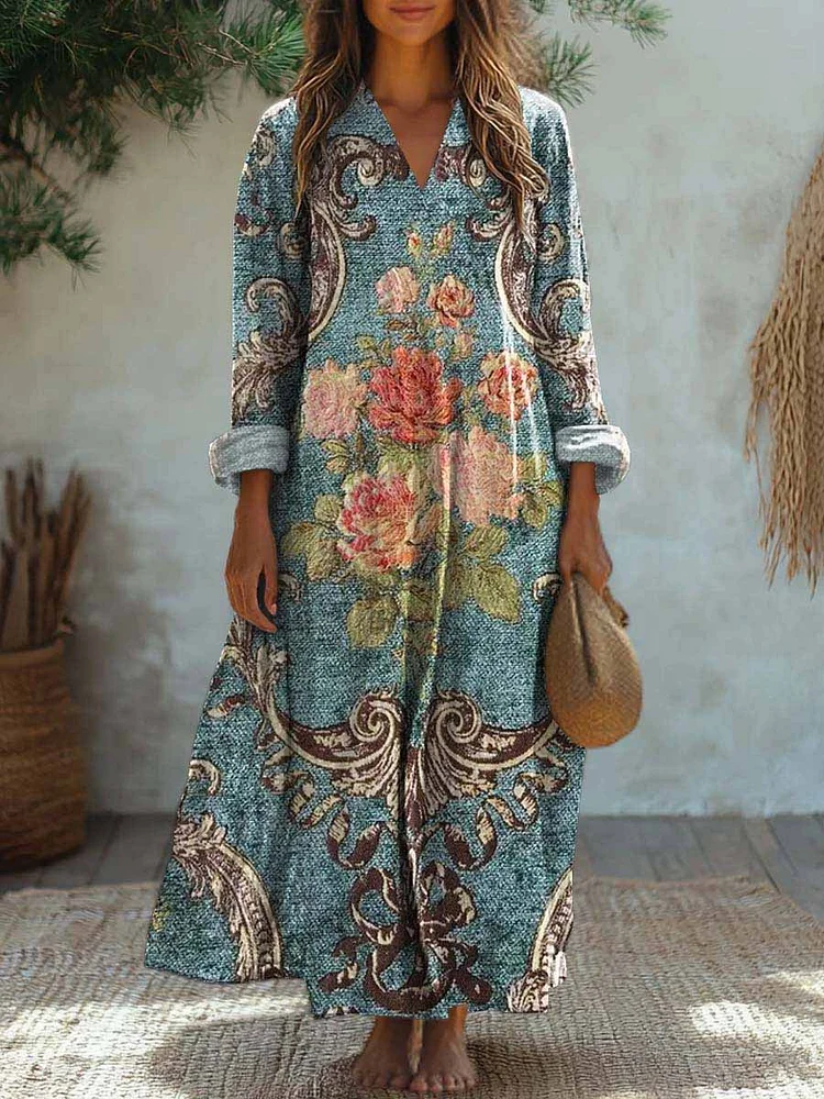 WomenS Vintage Floral Pattern Long-Sleeved Cotton And Linen Dress