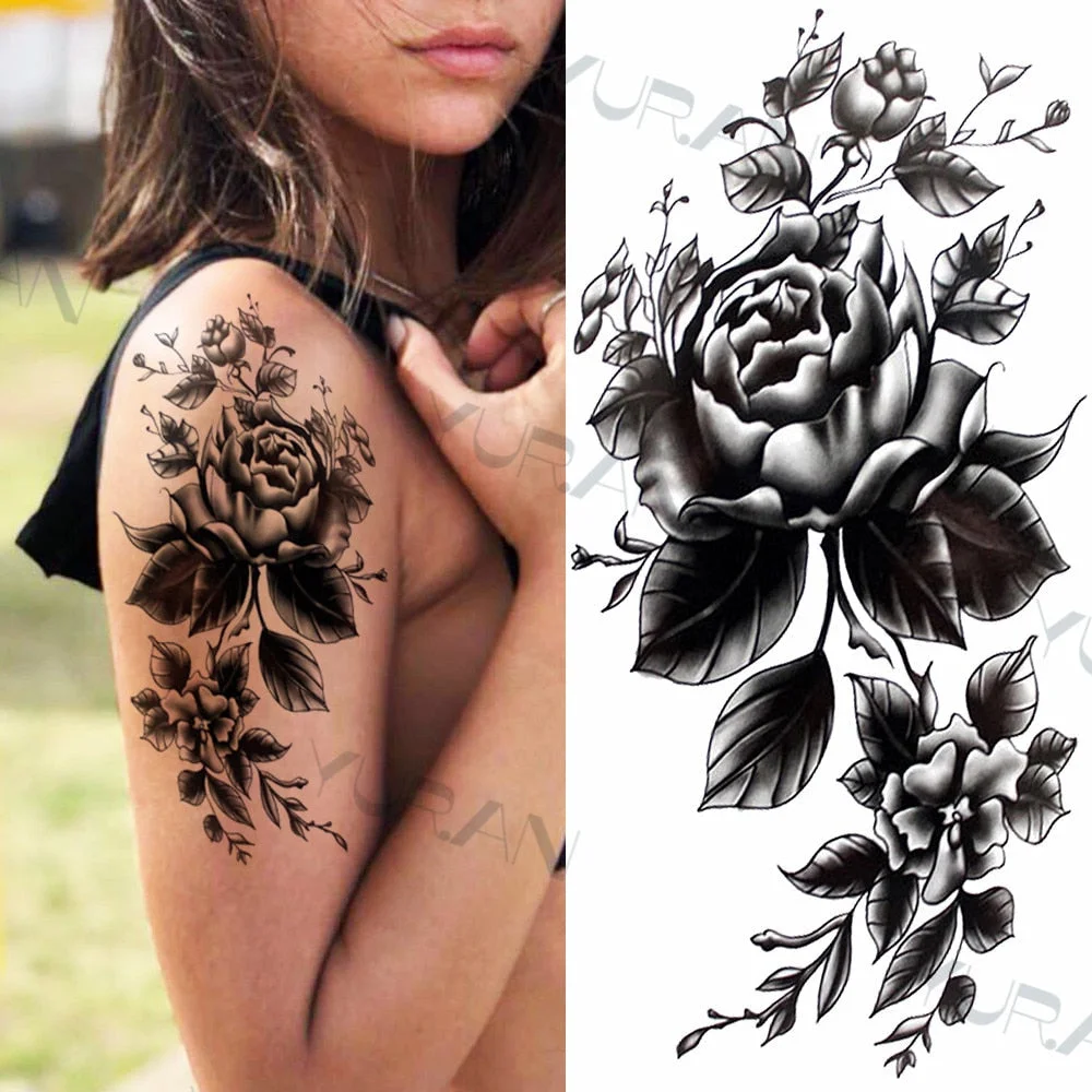 Black Large Snake Flower Fake Tattoo Sticker For Women Dot Rose Peony Temporary Tattoos DIY Water Transfer Tatoos Girls 530