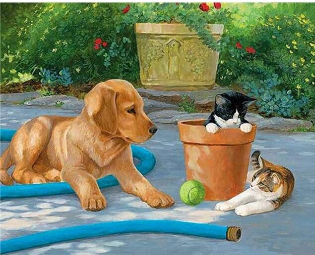 

Dog With Cats in a Yard – Paint By Numbers - 40*50CM, 501 Original