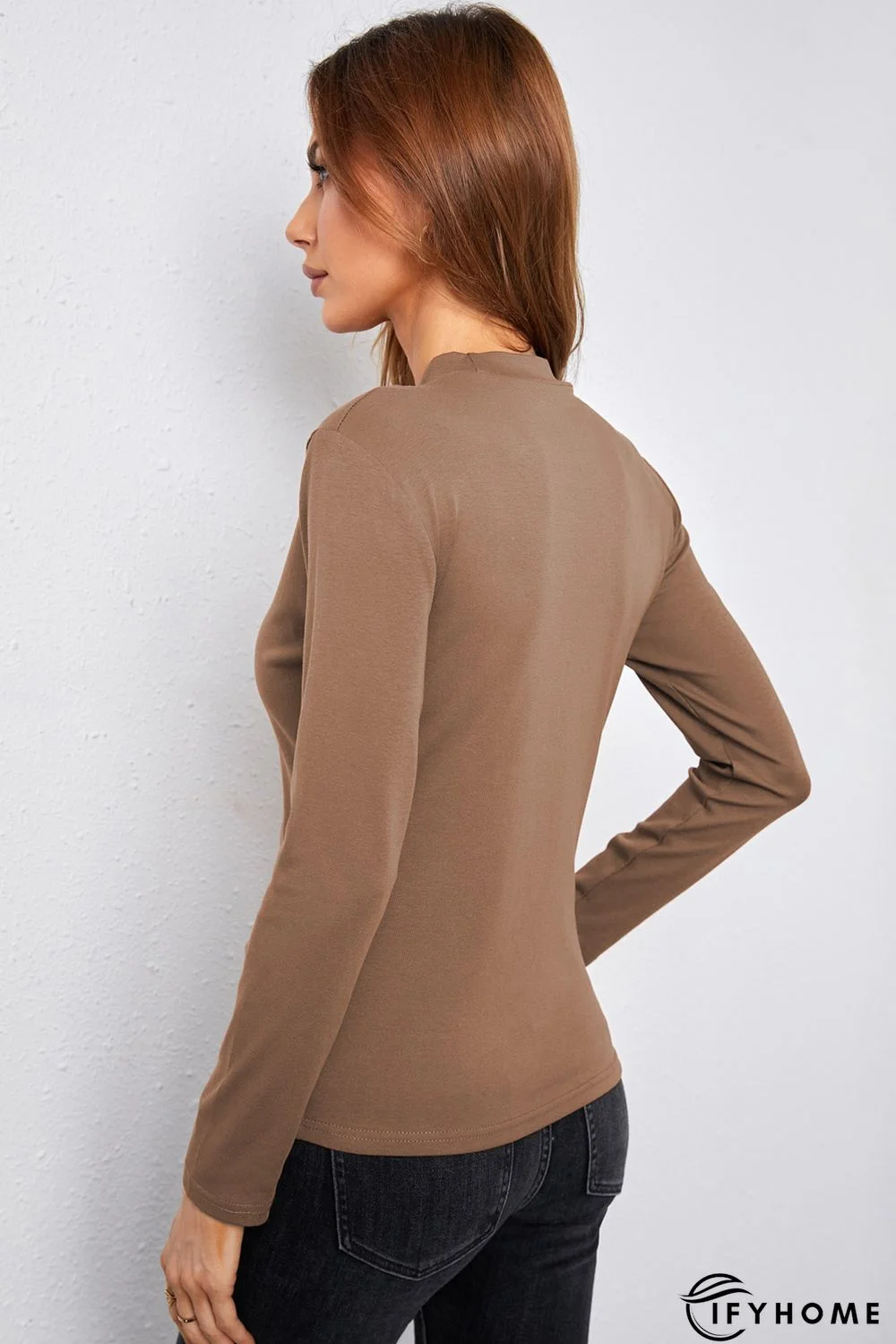 Khaki Mock Neck Lace Insert Slim Fit Long Sleeve Basic T Shirt | IFYHOME