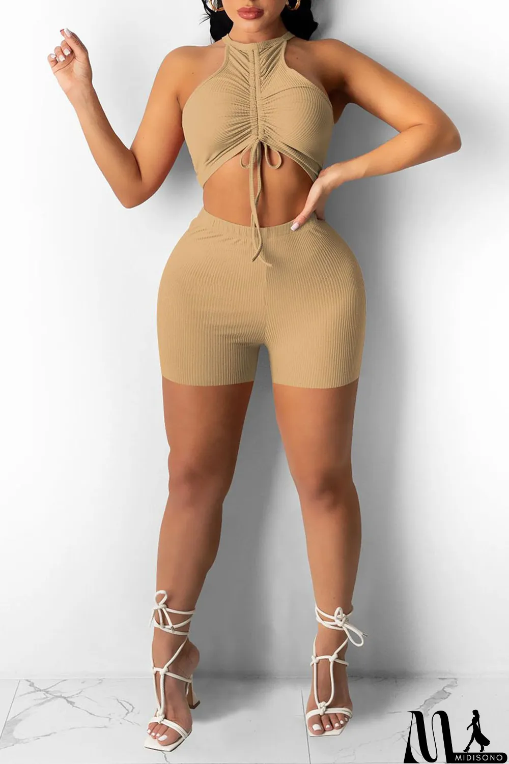 MidiSono - Red Sexy Sportswear Solid Patchwork Draw String Fold O Neck Sleeveless Two Pieces