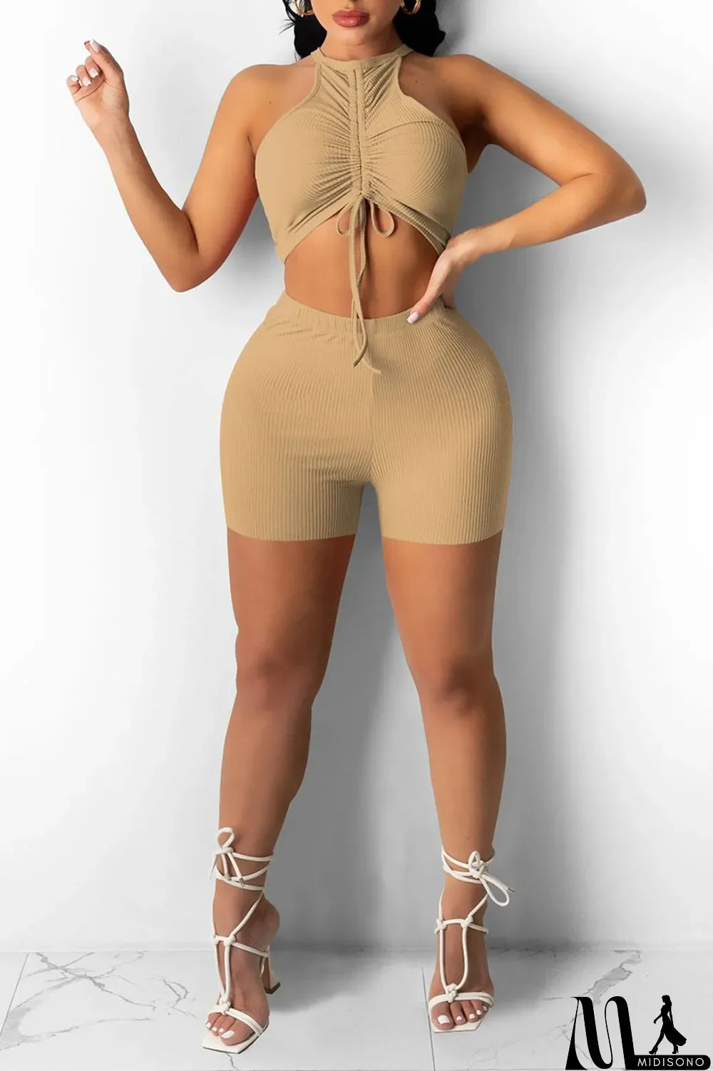 MidiSono - Red Sexy Sportswear Solid Patchwork Draw String Fold O Neck Sleeveless Two Pieces