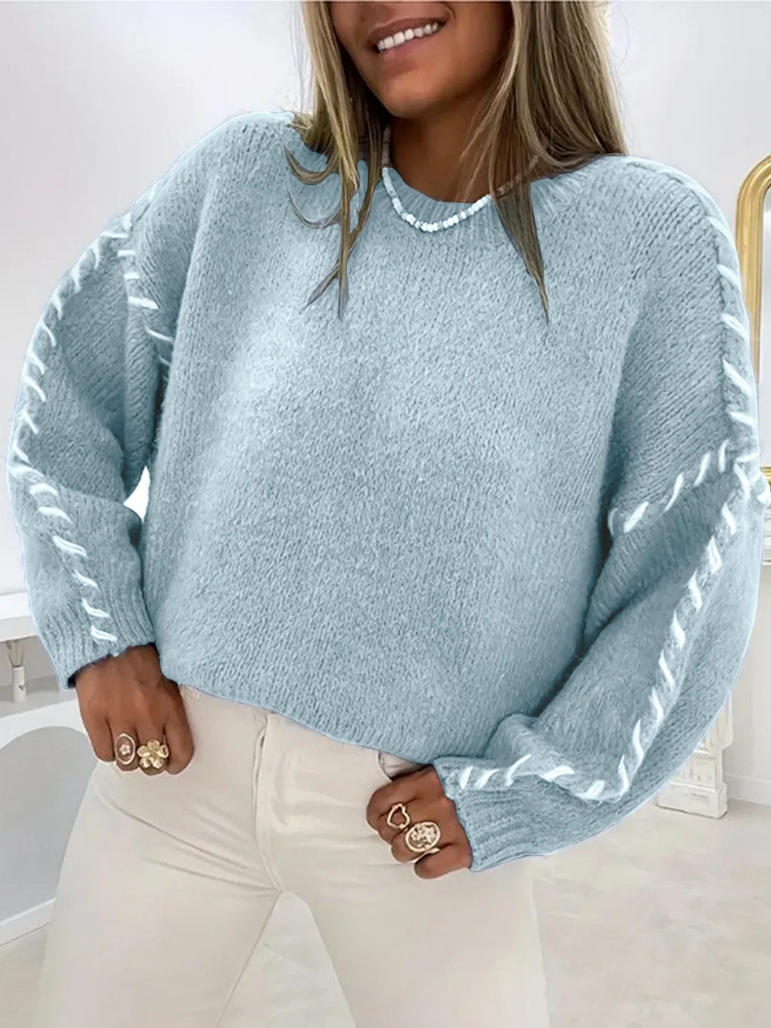 Athvotar Athvotar Leisure Pure Color Round Collar Knitted Shirt Wear Rope Design Loose Lanky Long Sleeve Sweater Female Top