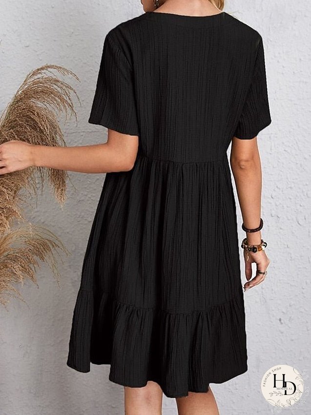 Casual Dress Shift Dress Plain Dress Plain Ruffle V Neck Midi Dress Basic Classic Outdoor Daily Short Sleeve Loose Fit Black Pink Red Spring Summer S M L XL XXL for Women