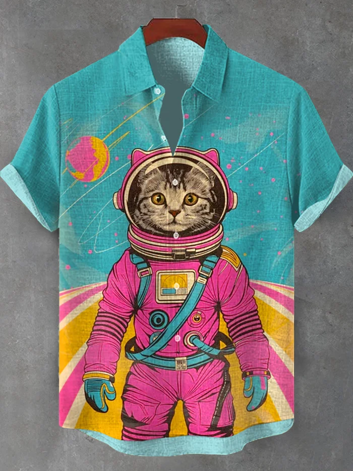 Men's Trippy Cat Astronaut Art Print Casual Shirt