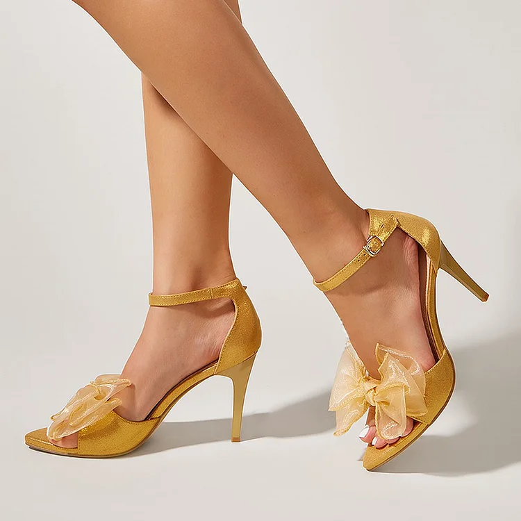 Yellow Lace Bow Sandals Front Strap Stiletto Heels Wedding Shoes |FSJ Shoes
