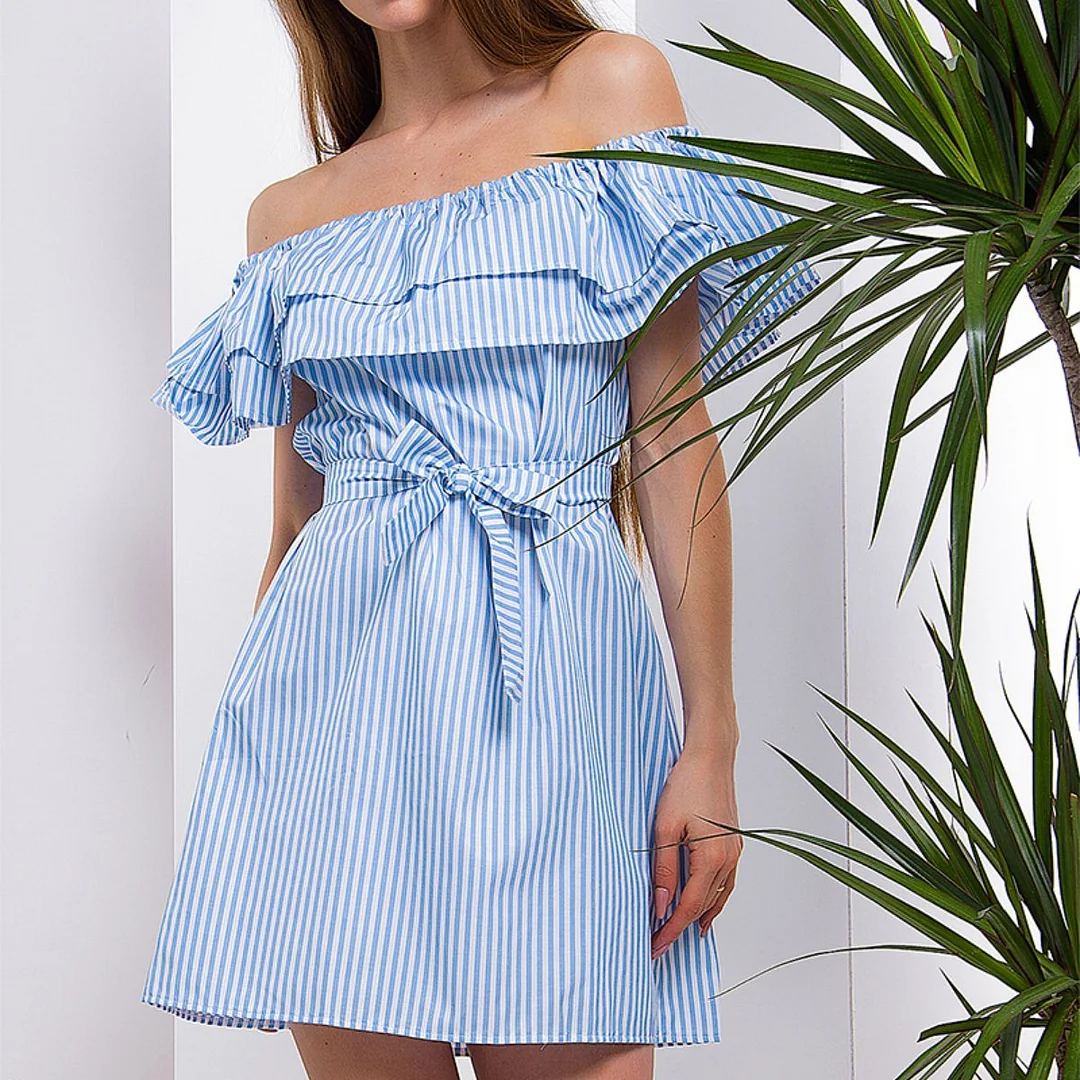 Aaliyah - Pretty Striped Ruffled Off-Shoulder Dress