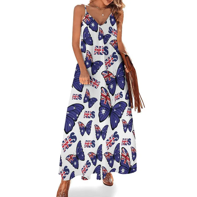 maxi beach dresses australia Australian Flag Colors Women's Casual Strappy V Neck Sleeveless Flowy Loose Long Dress Sundress white maxi dress version