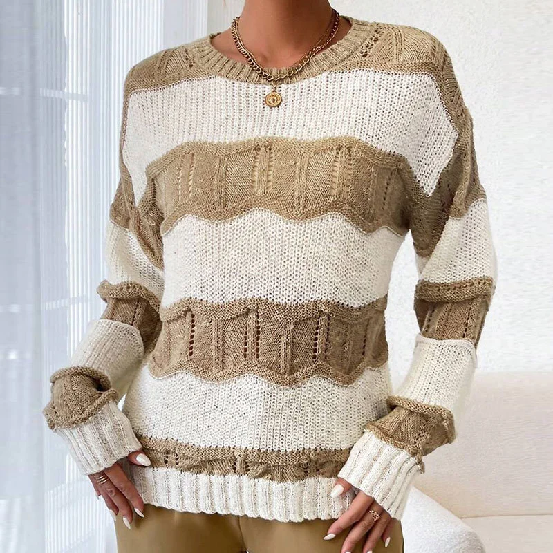 Athvotar Athvotar Autumn And Winter Three-Dimensional Striped Mahjong Loose Knitted Long-Sleeve Round Jumper Woman