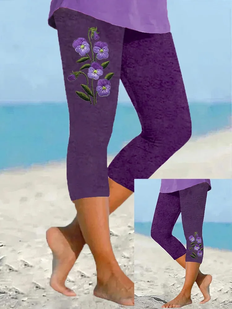 Comstylish Women's Purple Flower Alzheimer's Awareness Support Cropped Leggings