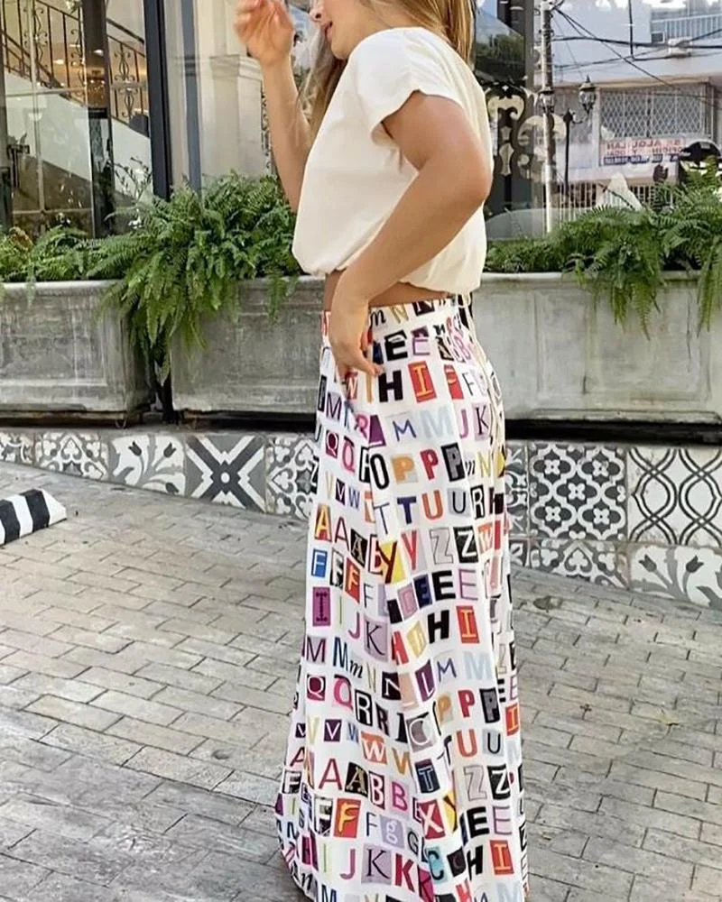 Solid Color Short Sleeve Top & Letter Print Wide Leg Pants Two Piece Set