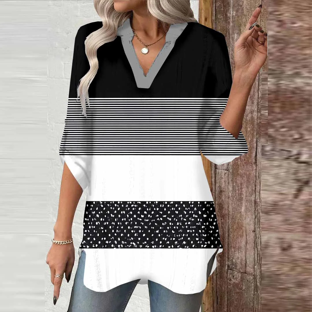Women Striped, Black,Ladynora DZGA0042 3/4 Sleeve V-neck Printed Graphic Button Tops