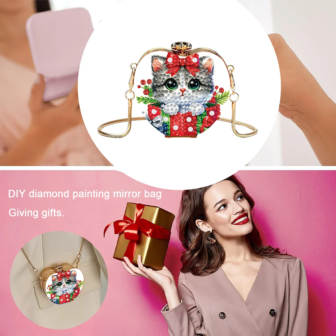 Xmas Cat DIY Acrylic Love Art Diamond Painting Coin Purse with Chain for Women