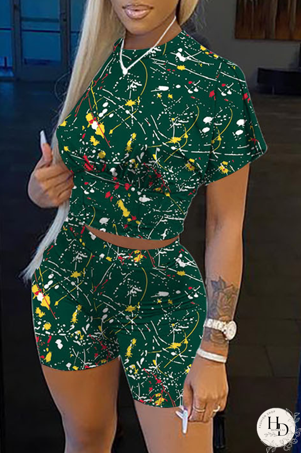 Grey Casual Print Patchwork O Neck Short Sleeve Two Pieces