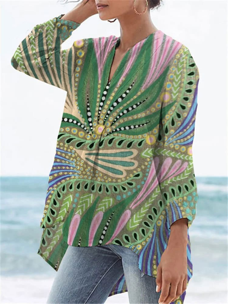 Women's  Flower Print Casual Linen V-neck Shirt