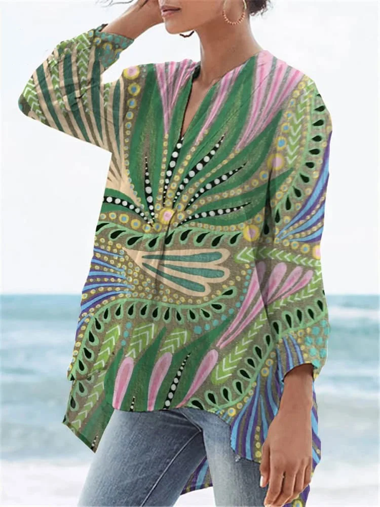 Women's  Flower Print Casual Linen V-neck Shirt