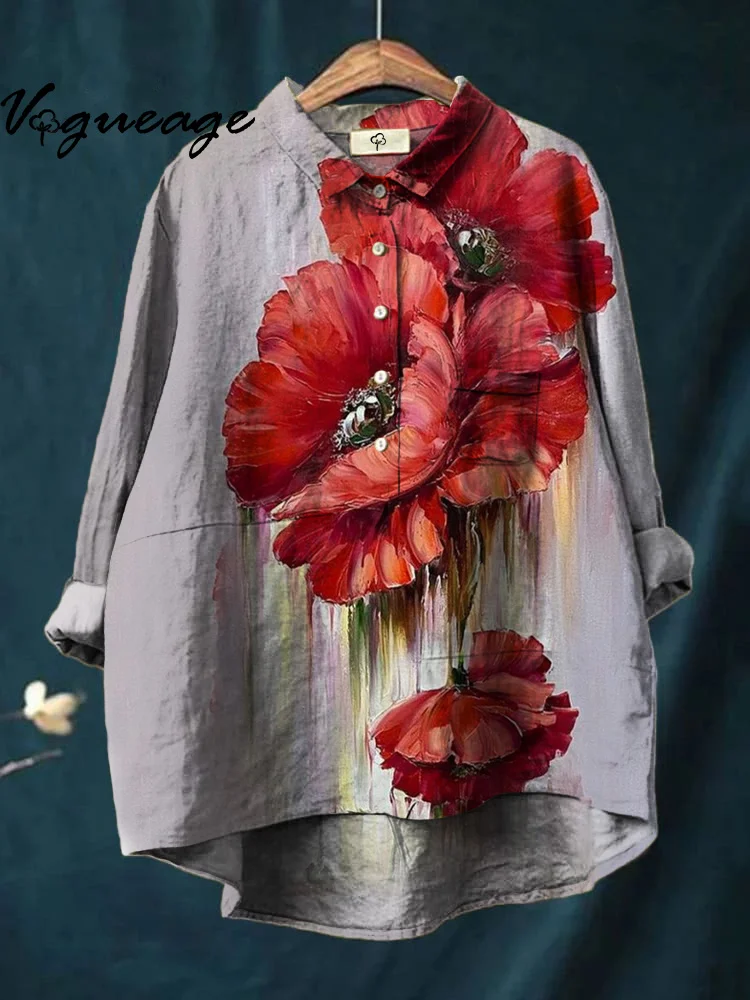 Simple Beautiful And Gentle Oil Painting Flowers Print Cotton And Linen Shirt