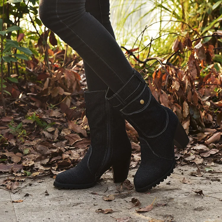 High-heeled denim mid-tube women's boots