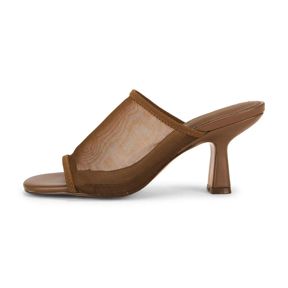 Brown Mesh Square Toe 3 Inch Heels Slip On Sandals for Women