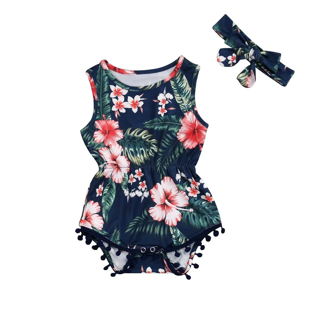 Infant Newborn Baby Girls Sleeveless Bodysuits Tassels Balls Jumpsuits Floral Playsuits +Headband