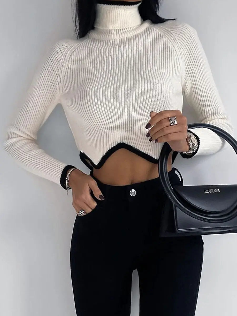 High Collar Long Sleeve Color Contrast Sweater