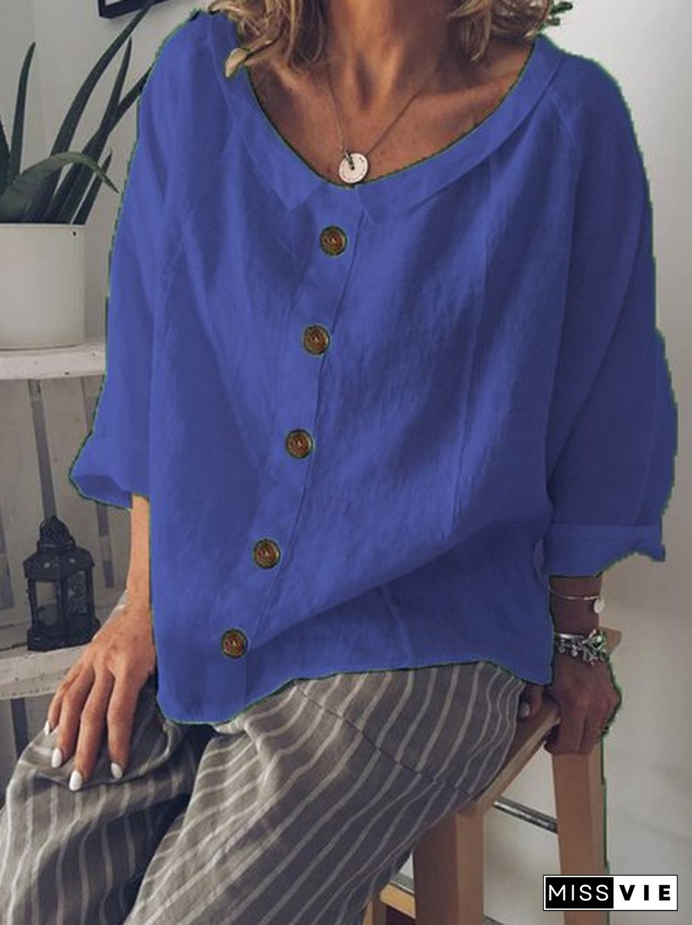 Peter Pan Collar Buttoned Casual Cotton-Blend Tops