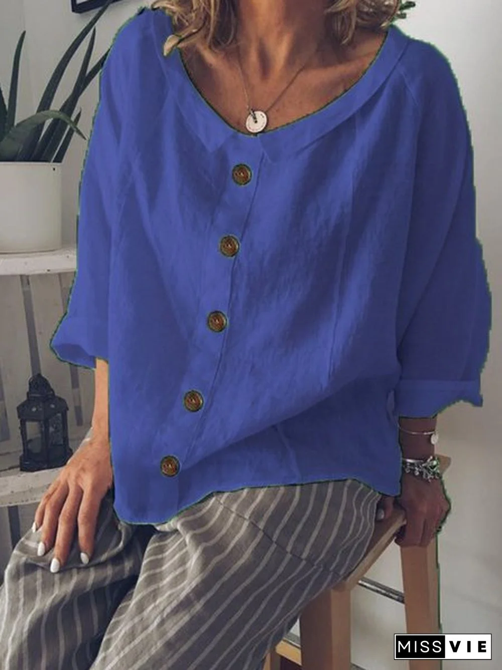 Peter Pan Collar Buttoned Casual Cotton-Blend Tops