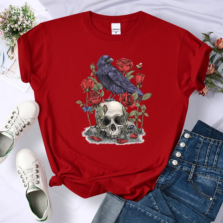 Abstract Pattern Roses, Skulls, Crows Print Women'S T-Shirts Street Breathable Tshirts Cartoon Cool Tops Soft O-Neck T Shirts