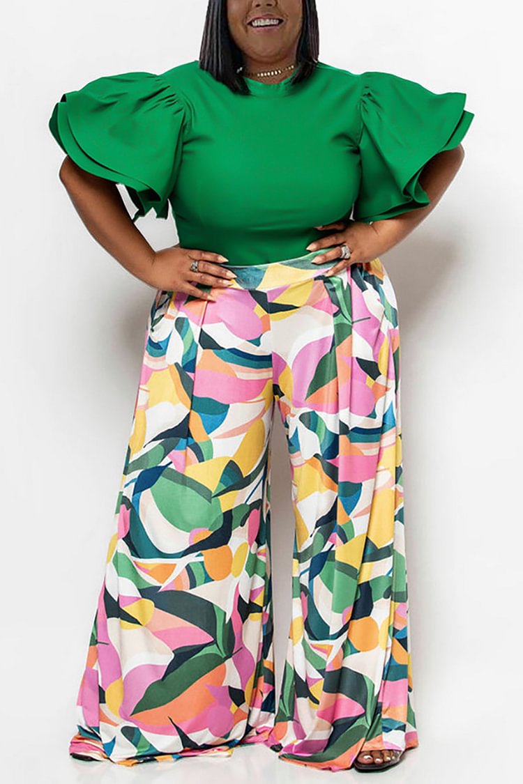 Plus Size Daily Puff Sleeve All Over Print Two Pieces Pants Set