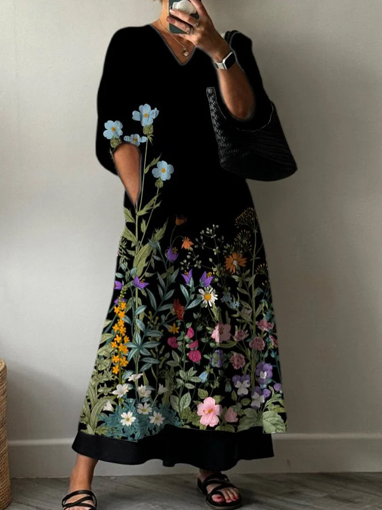 Women's Floral Art Print Pocket V Neck Cotton Dress