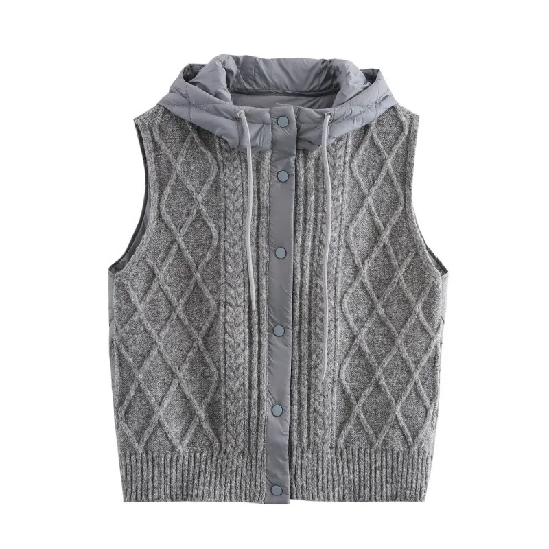 Nigikala Nigikala Women's 2025 Winter Fashion Vintage Vintage Vintage Cotton Stitched Knitted Hooded Vest Vest