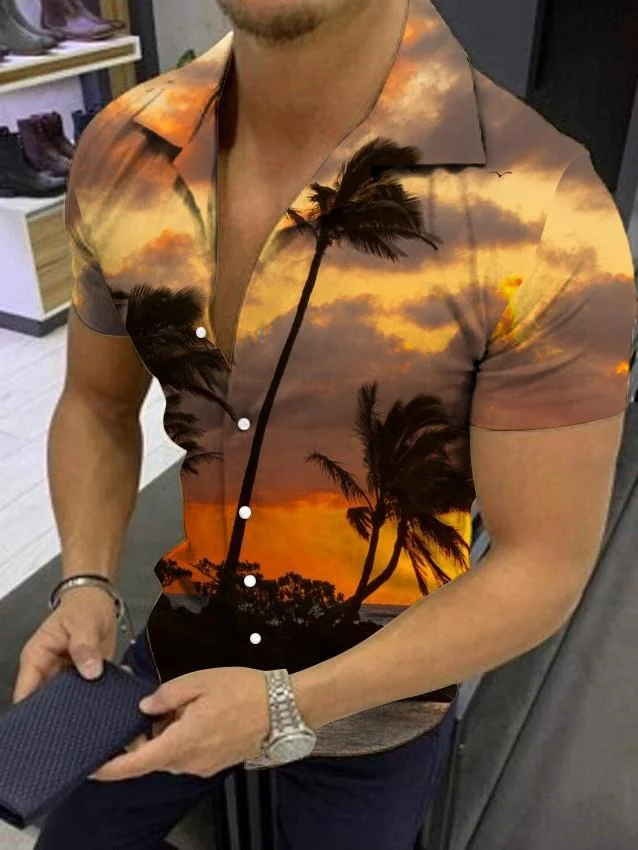 Restro Men's Hawaiian Coconut Tree Print Short Sleeve Shirt at Hiphopee