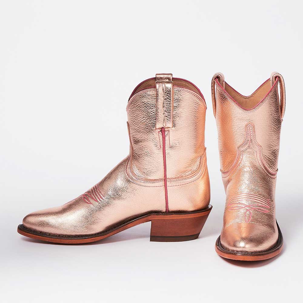 Pink Metallic Finish Embroidered Chunky Heel Cowgirl Ankle Boots Nicepairs