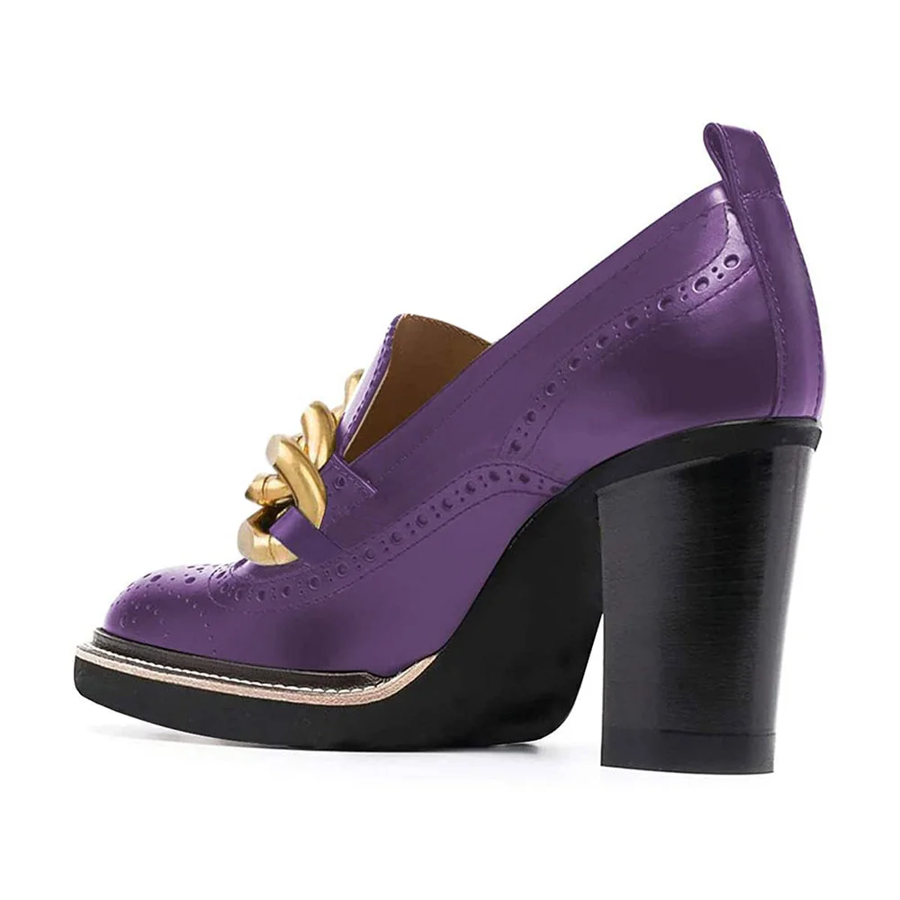 Round Toe Chain Perforated Chunky Heeled Loafers Women in Purple
