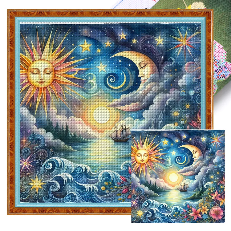 Sun Moon Ocean And Flowers (40*40cm) 11CT Stamped Cross Stitch gbfke