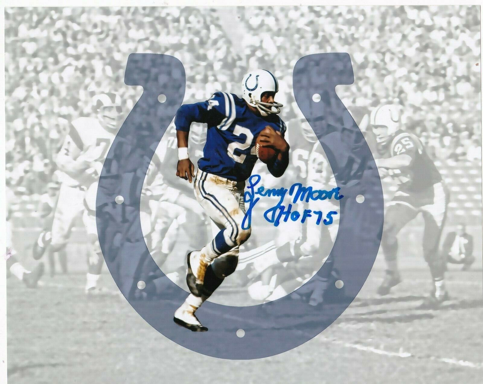 LENNY MOORE BALTIMORE COLTS HOF 75 ACTION SIGNED 8X10